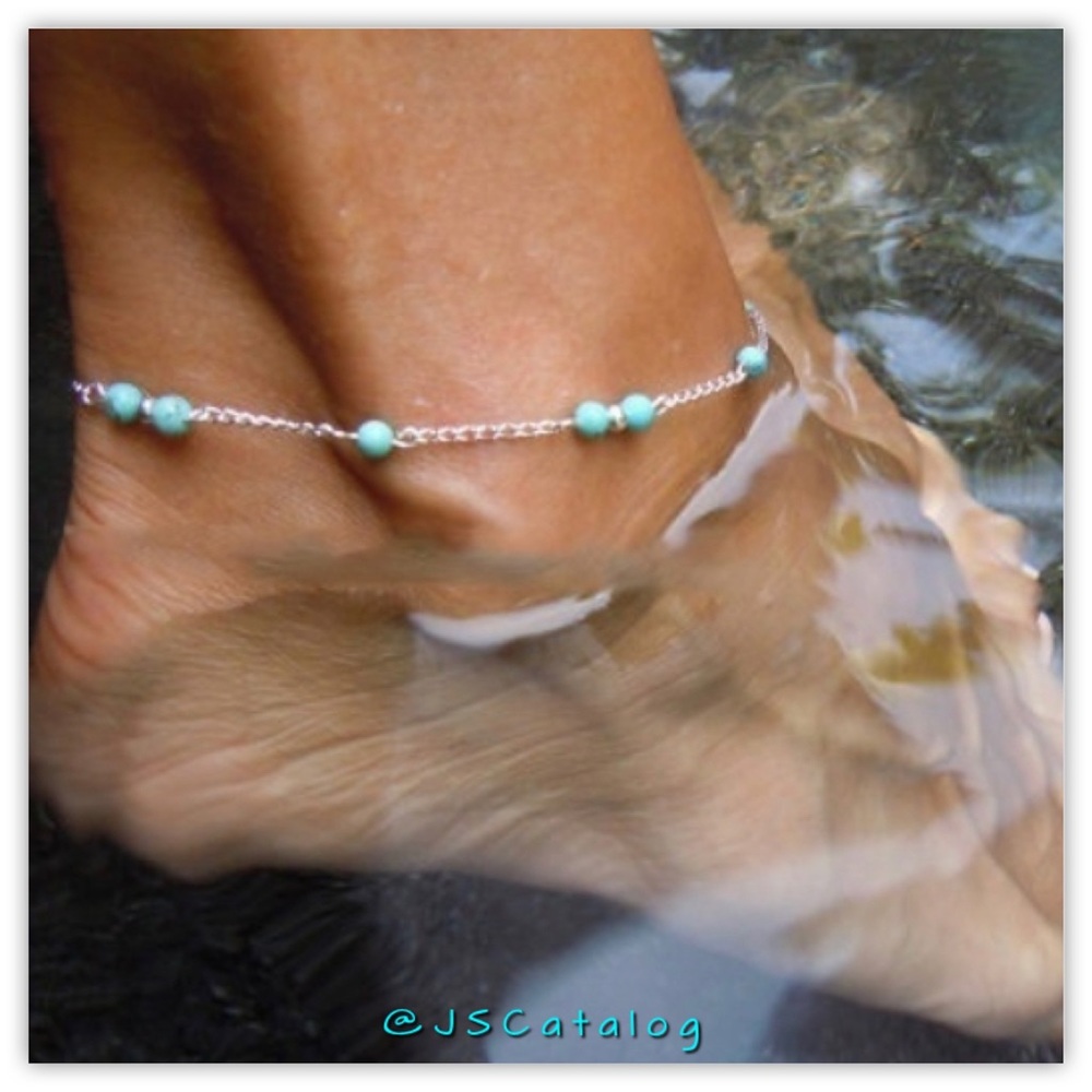 3 x Silver Plated Alloy Chains w/ Turquoise Beads Anklets